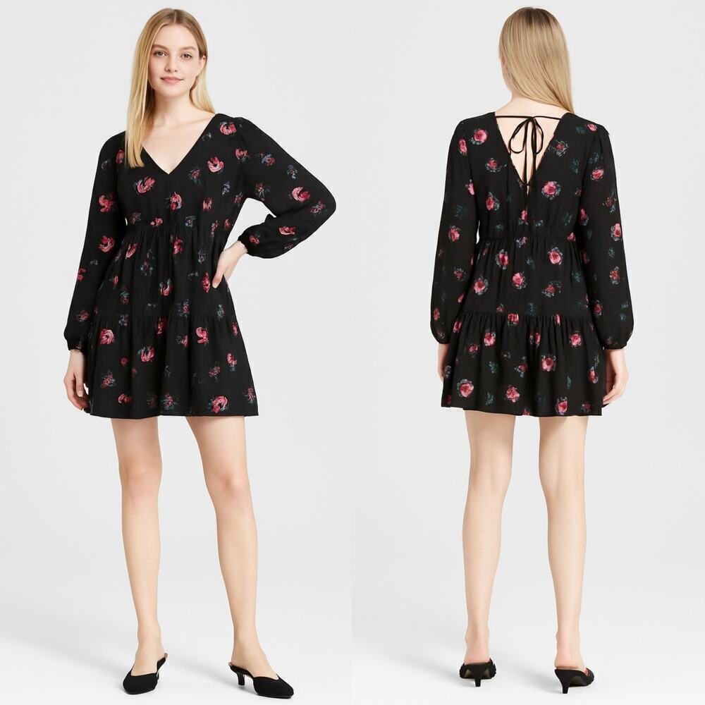 NEW A New Day Floral Balloon Sleeve Ruffle Hem Dress Black Pink Size L boho